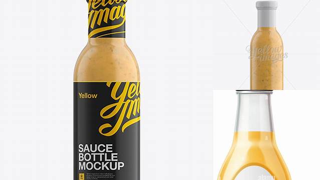 4946+ Mustard Glass Bottle with Shrink Band PSD Mockup Smart Object-Based PSD Template Free