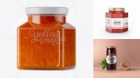 4966+ Glass Orange Jam Jar PSD Mockup Halfside View Exclusive Editable PSD File