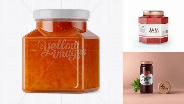 4966+ Glass Orange Jam Jar PSD Mockup Halfside View Exclusive Editable PSD File