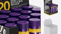 4976+ 20 Glossy Sport Nutrition Bottles Display Box PSD Mockup Front View High Angle Creative and Modern PSD Freebie