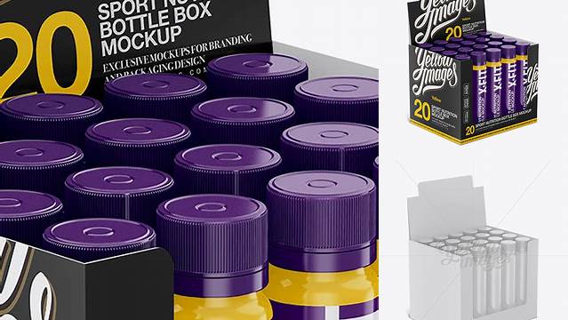 4976+ 20 Glossy Sport Nutrition Bottles Display Box PSD Mockup Front View High Angle Creative and Modern PSD Freebie