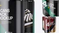 4982+ 4 Matte Cans in Shrink Wrap PSD Mockup Half Side View High Angle Shot High-End Photoshop Mockup