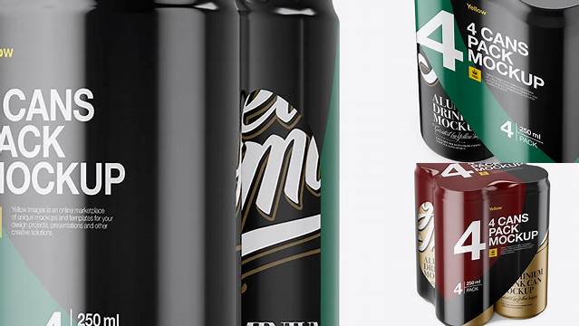 4982+ 4 Matte Cans in Shrink Wrap PSD Mockup Half Side View High Angle Shot High-End Photoshop Mockup