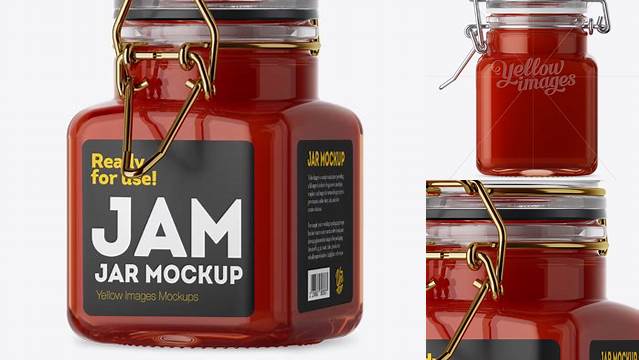 5008+ 100ml Glass Red Jam Jar with Clamp Lid PSD Mockup Half Side View High-Angle Shot Download Free PSD