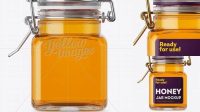 5013+ 100ml Glass Pure Honey Jar with Clamp Lid PSD Mockup Half Side View High-Angle Shot Free PSD