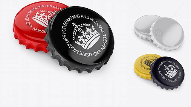 5023+ Two Glossy Bottle Caps PSD Mockup Half Side View High-Angle Shot Advanced and Editable PSD Template Free