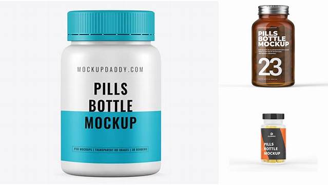 504+ Empty Dark Blue Glass Pills Bottle PSD Mockup Elegant PSD Mockup