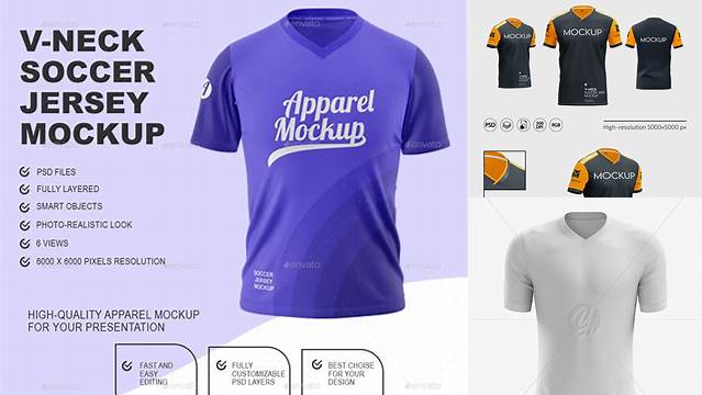 5040+ Men’s Soccer V-Neck Jersey PSD Mockup Front Half-Side View Photoshop Resource Free