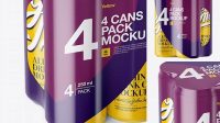 5046+ 4 Glossy Cans in Shrink Wrap PSD Mockup Half Side View High Angle Shot Fully Editable PSD Template