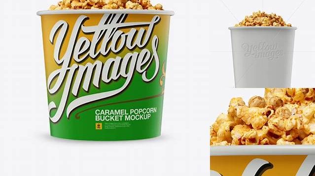 5054+ Large Matte Caramel Popcorn Bucket PSD Mockup Eye-Level Shot Fully Editable PSD Template