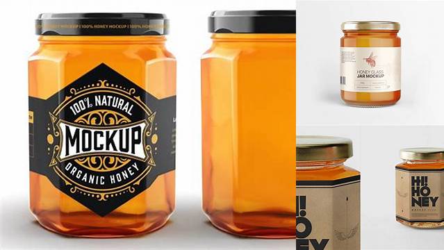 5070+ Glass Bottle With Honey PSD Mockup Front View Creative Design Mockup