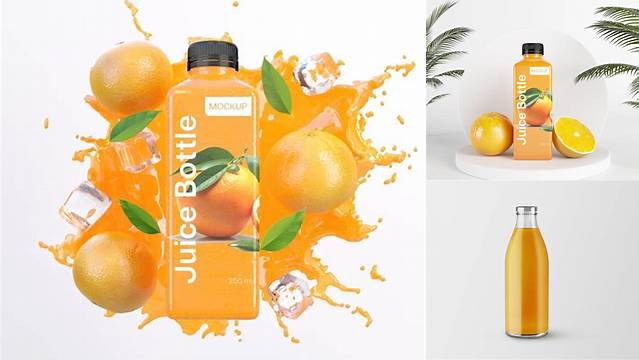 5085+ 200ml Clear Glass Bottle with Orange Juice PSD Mockup Elegant and Stylish Mockup