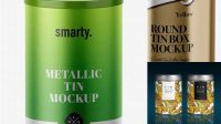 5099+ Tin Can with Metallic Label PSD Mockup Front View High Angle Shot Free PSD Mockup Resource