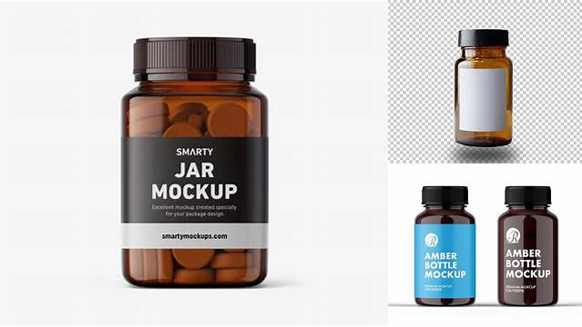 5105+ Amber Pill Bottle with Glossy Label PSD Mockup Front View Smart Object Free Photoshop File