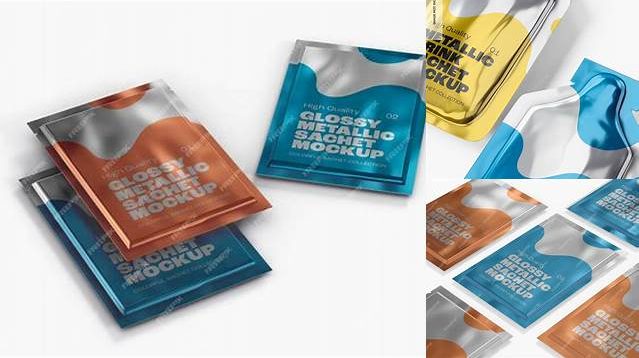 5117+ Metallic Sachet with Box PSD Mockup Half Side View Elegant Free Template