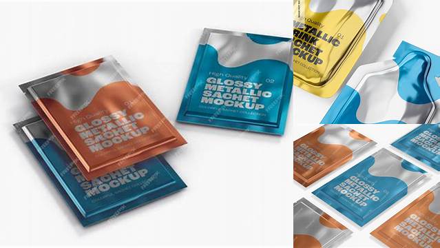 5117+ Metallic Sachet with Box PSD Mockup Half Side View Elegant Free Template