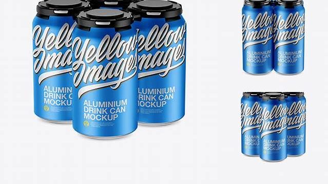 5117+ Pack with 4 Matte Metallic Cans with Plastic Holder PSD Mockup Half-Side View Creative Photoshop Resources