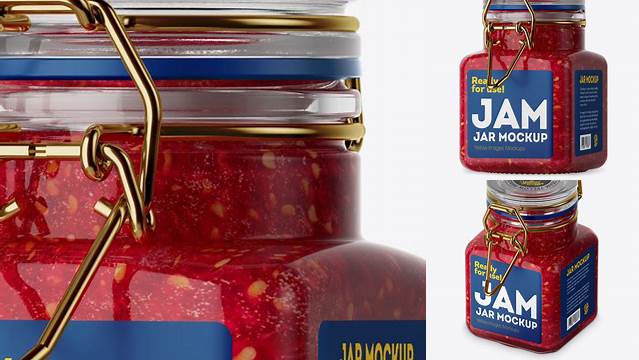 515+ 100ml Glass Raspberry Jam Jar with Clamp Lid PSD Mockup Half side View High-Angle Shot Editable Mockup PSD