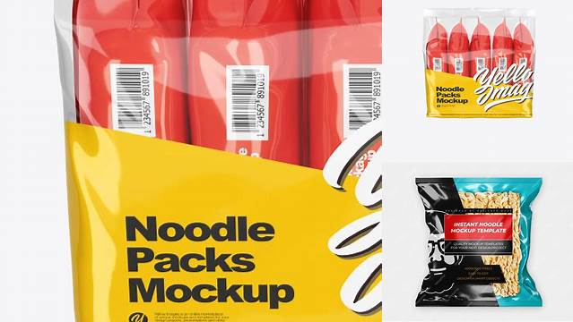 5158+ 5 Noodle Packs PSD Mockup Front View High-Angle Shot Layered PSD for Easy Editing