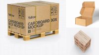 5184+ Wooden Pallet With 5 Kraft Boxes PSD Mockup Front View Free Graphic Mockup PSD