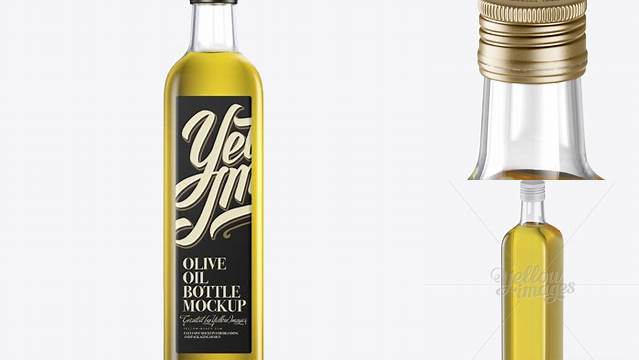 5195+ 0.75L Clear Glass Olive Oil Bottle PSD Mockup Halfside view High-Angle Shot High-Resolution PSD Download