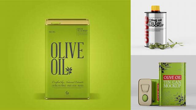 5198+ Olive Oil Tin Can PSD Mockup Half-Side View Advanced Editable Template Free