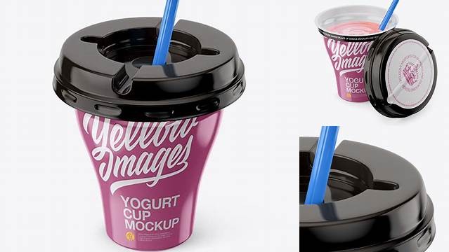 5209+ 260g Yogurt Cup With Straw PSD Mockup Half Side View Elegant Free Template