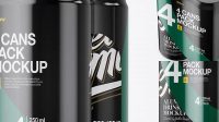 5216+ 4 Matte Cans in Shrink Wrap PSD Mockup Half Side View High Angle Shot High-End Professional PSD Resources