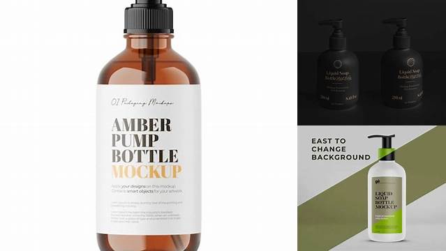 523+ Frosted Amber Bottle with Liquid Soap PSD Mockup Editable and Customizable PSD