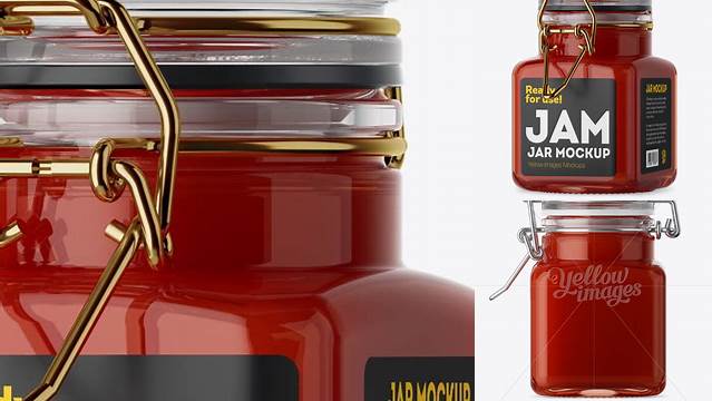 5255+ 100ml Glass Red Jam Jar with Clamp Lid PSD Mockup Halfside View Free Premium Photoshop Template Download