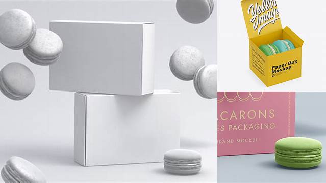 5260+ Opened Paper Box With Macarons PSD Mockup Front View High-Angle Shot Advanced Photoshop Template