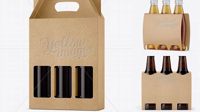 5279+ Kraft Paper 3 Pack Amber Bottle Carrier PSD Mockup Halfside View High-Angle Shot Free Professional PSD Download