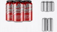 5279+ Pack of 3 Metallic Cans with Plastic Holder PSD Mockup Front View Exclusive Editable PSD File