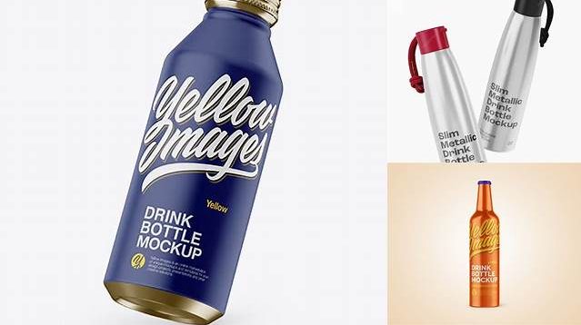 5302+ Slanted Metallic Drink Bottle With Matte Finish PSD Mockup Easy-to-Use PSD Template