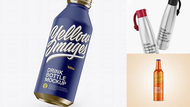 5302+ Slanted Metallic Drink Bottle With Matte Finish PSD Mockup Easy-to-Use PSD Template