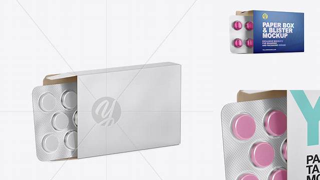 5347+ Paper Box With Tablets In Blister PSD Mockup Half Side View Stylish Free PSD