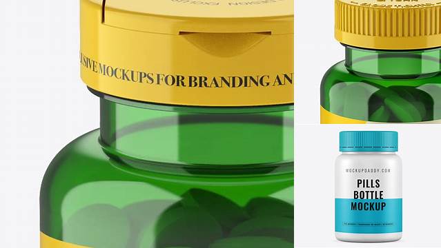 5355+ Green Pill Bottle PSD Mockup High-Angle Shot Premium Free Mockup PSD