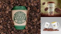 5380+ Glossy Coffee Cup With Coffee Beans PSD Mockup Creative Design PSD Free Download