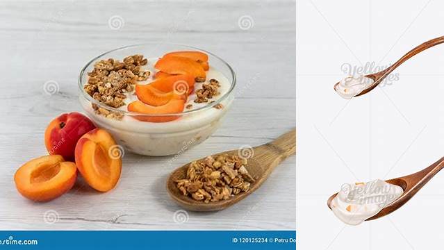 5406+ Wooden Spoon With Peach Fruit Yoghurt Exclusive Layered PSD Mockup