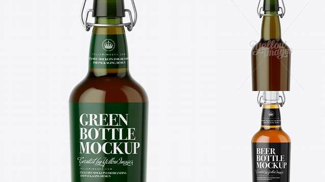 5412+ Green Glass Beugle Bottle with Beer PSD Mockup Front View Advanced Editable PSD