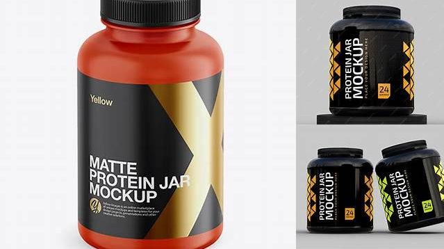 5427+ Matte Plastic Protein Jar PSD Mockup Front View High-Angle Shot Download Free Premium Design PSD