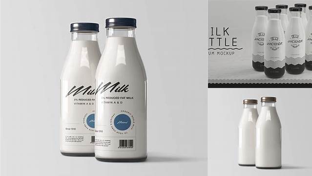 5430+ Milk Bottles PSD Mockup Half Side View High Angle Shot Fully Customizable Mockup PSD Free