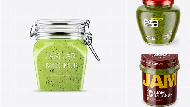 5437+ Clear Glass Jar with Kiwi Jam PSD Mockup High-Angle Shot Elegant PSD Mockup