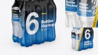 5449+ Transparent Shrink Pack with 6 Plastic Bottles PSD Mockup Half Side View High-End Photoshop Mockup