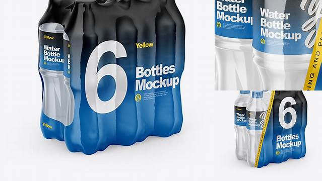 5449+ Transparent Shrink Pack with 6 Plastic Bottles PSD Mockup Half Side View High-End Photoshop Mockup