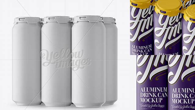 5457+ Pack with 6 Matte Aluminium Cans with Plastic Holder Half Side View Photoshop Resource Free