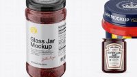 5464+ Glass Jar With Raspberry Jam PSD Mockup High-Angle Shot Free Smart Object Templates