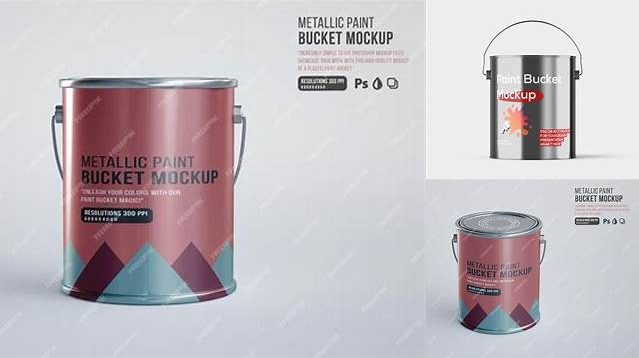 547+ Metallic Paint Bucket PSD Mockup Front View High-Resolution Graphic