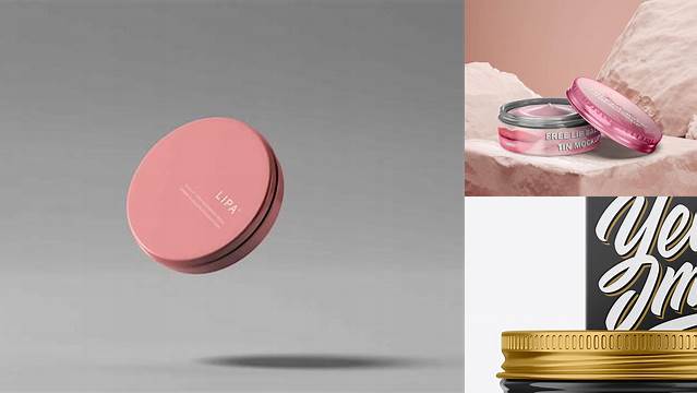 5476+ Glossy Lip Balm Tin With Matte Box PSD Mockup Front View Layered Photoshop Template