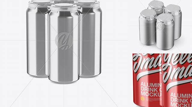 5488+ Pack of 4 Metallic Cans with Plastic Holder PSD Mockup Half Side View Creative High-Resolution PSD Freebie